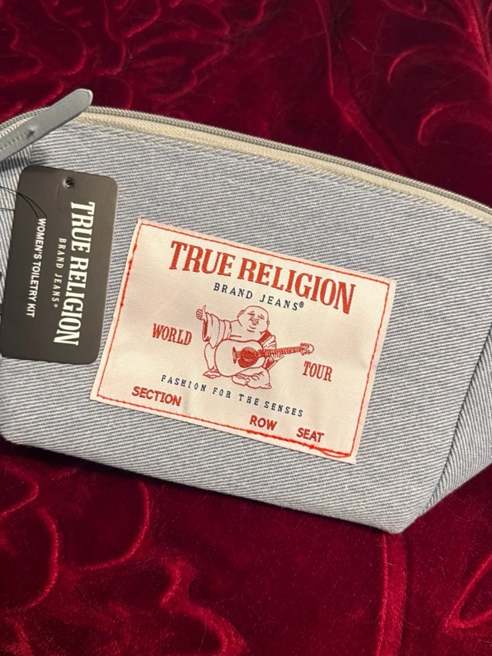 True Religion Light Gray and Cream Toiletry Bag with Red Logo Patch